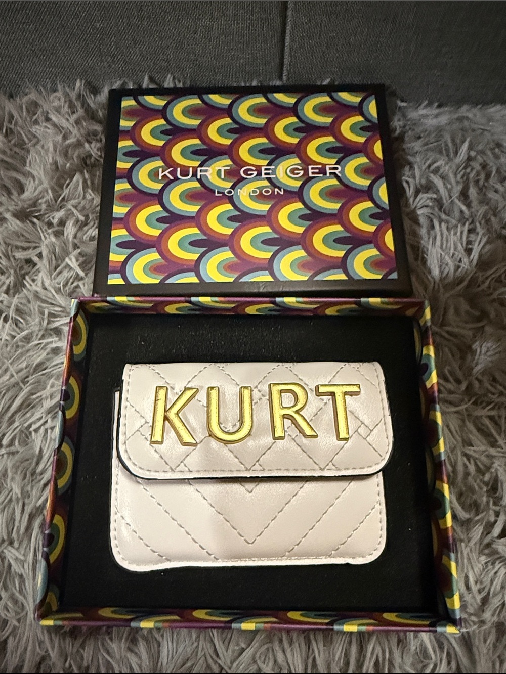 Kurt Geiger Cream Quilted Mini Wallet with Gold Lettering